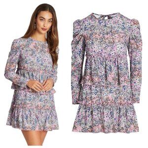 Never Fully Dressed Women Pink Floral Tiered Puff Long Sleeve Mini Dress Size 10